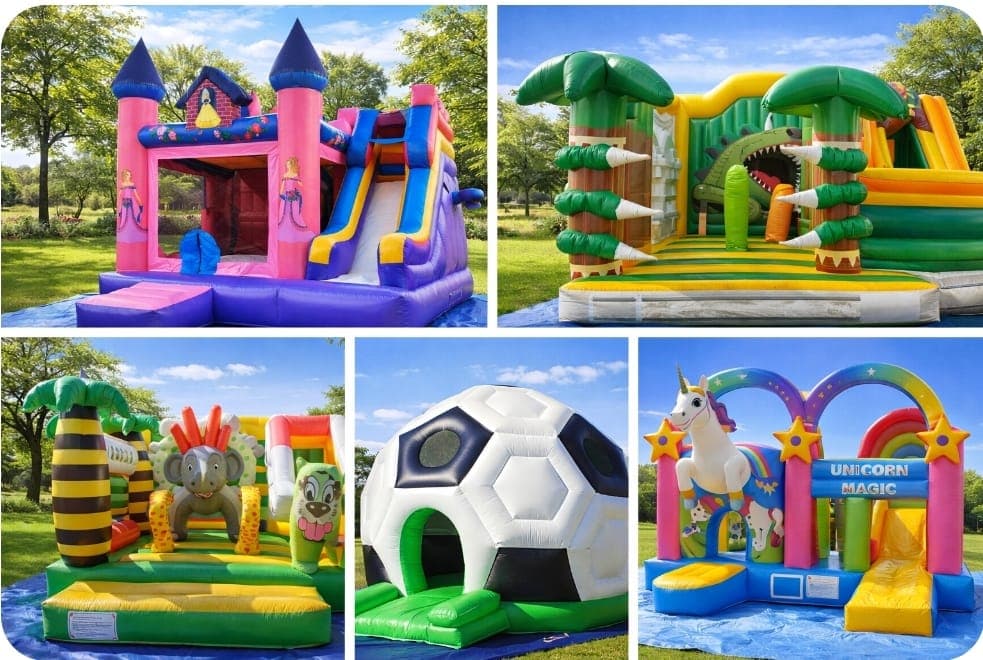 Kinder spielen auf bunter Hüpfburg